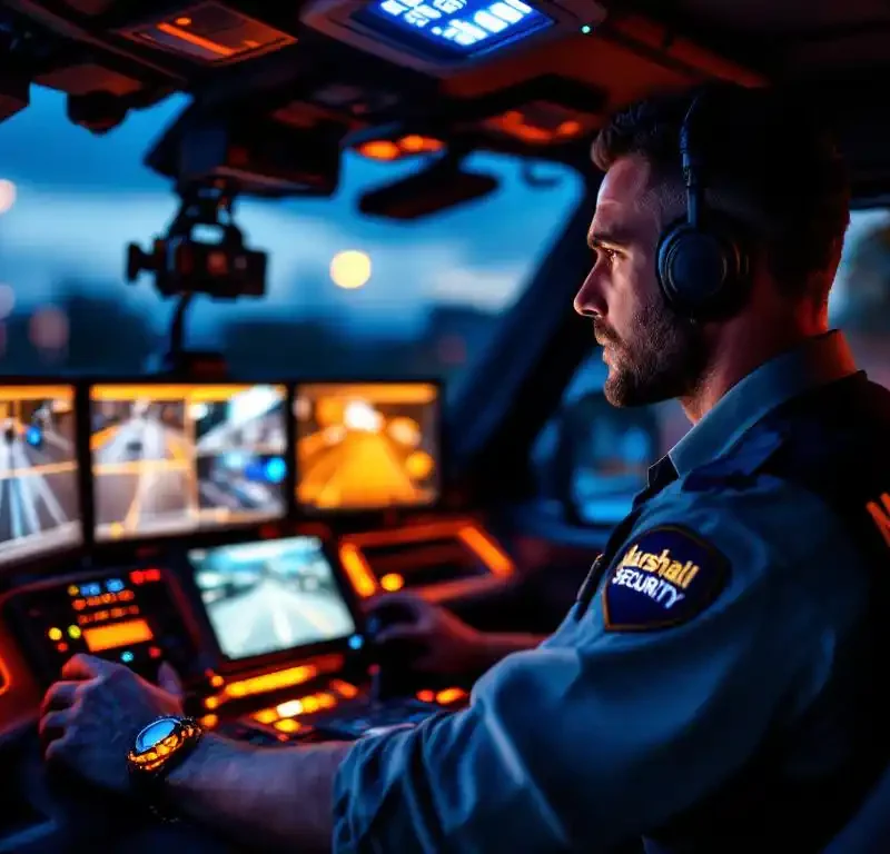 Beveiligingsbeambte in uniform monitort bewakingscamera's vanuit moderne surveillancewagen tijdens schemering