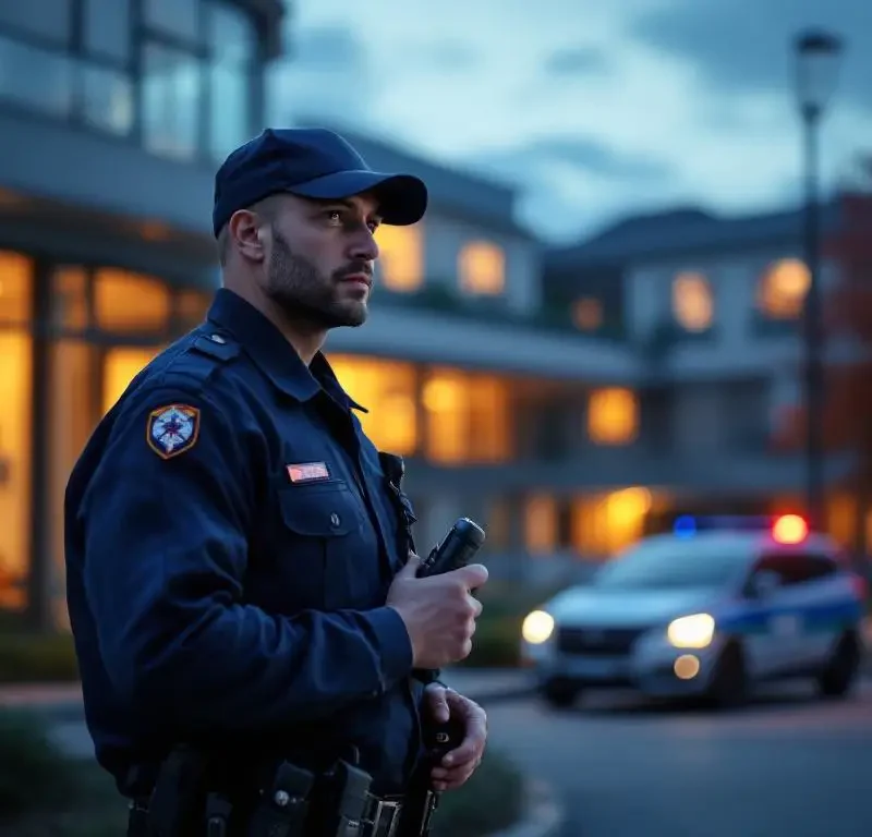 Beveiligingsbeambte in uniform patruilleert bij zorginstelling tijdens schemering met zaklamp en portofoon, beveiligingsvoertuig geparkeerd