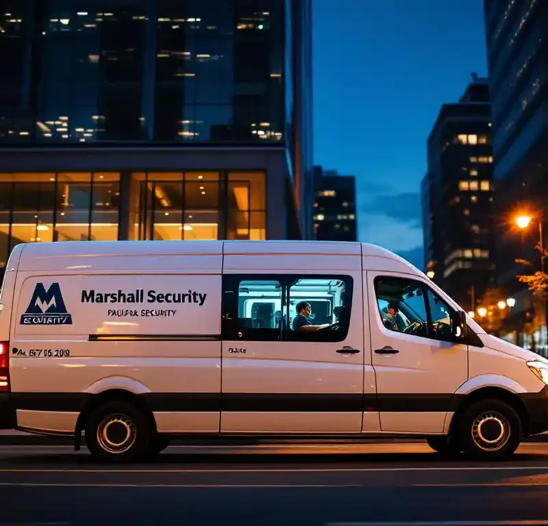 Marshall Security patrouillewagen geparkeerd voor modern kantoorgebouw bij schemering, beveiligingsmedewerker zichtbaar in cabine
