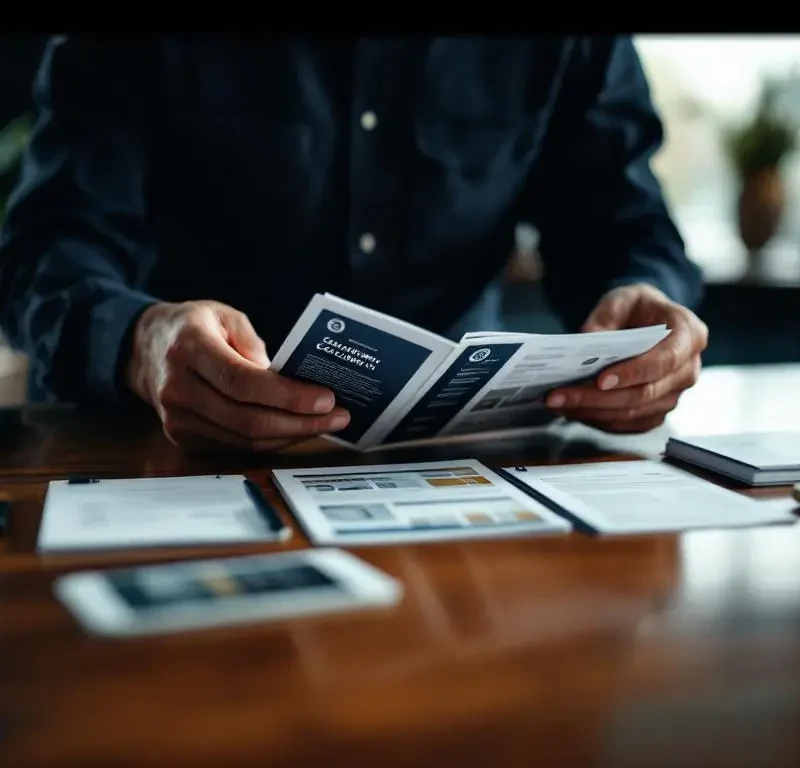 Beveiligingsconsultant in donker uniform vergelijkt certificeringsbadges op bedrijfsbrochures aan houten vergadertafel