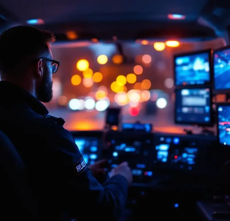 Beveiligingsmedewerker monitort meerdere schermen in moderne surveillancewagen op Nederlandse straat bij schemering