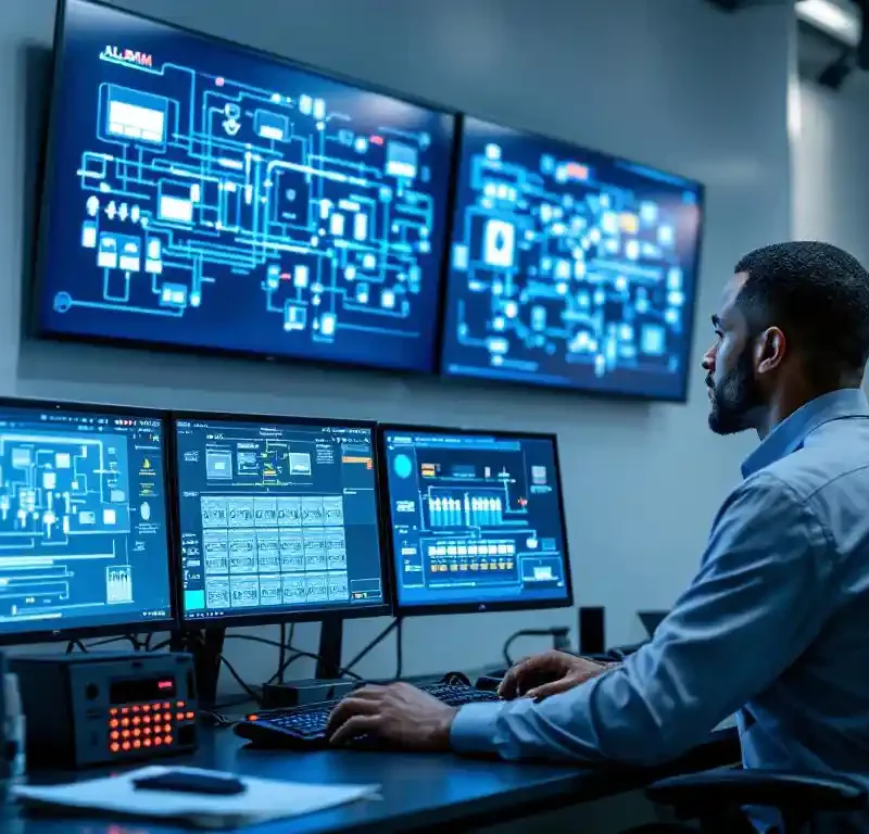 Moderne beveiligingscontrolekamer met operator die twee monitoringstations vergelijkt, waarvan één een complex netwerk van verbonden alarmsensoren toont