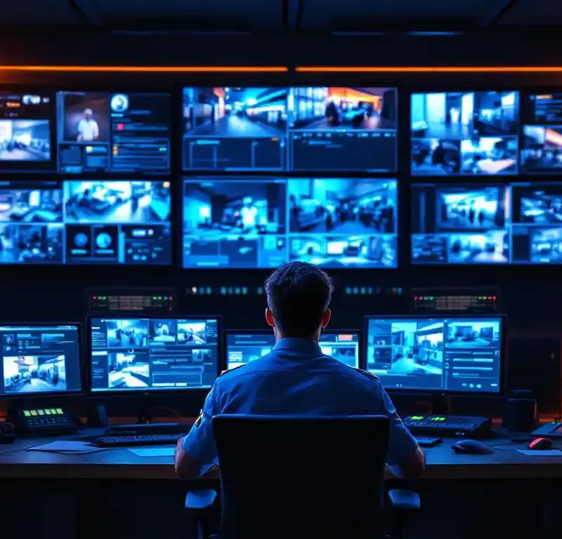 Beveiligingsoperator in uniform bewaakt meerdere surveillancemonitors in professionele controlekamer met blauwe verlichting