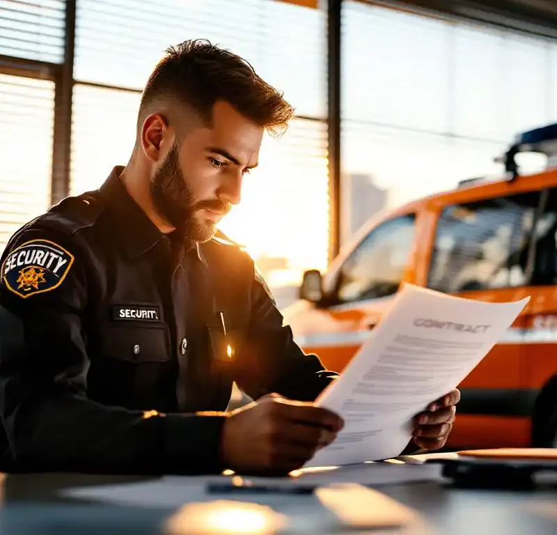 Beveiligingsmedewerker in donker uniform bestudeert contract aan modern bureau met oranje patrouillevoertuig op achtergrond