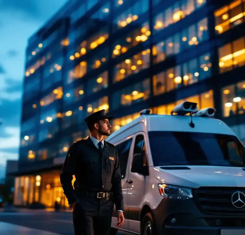 Beveiligingsmedewerker in uniform loopt langs witte bewakingsvan met monitoringapparatuur voor modern glazen kantoorgebouw bij schemering