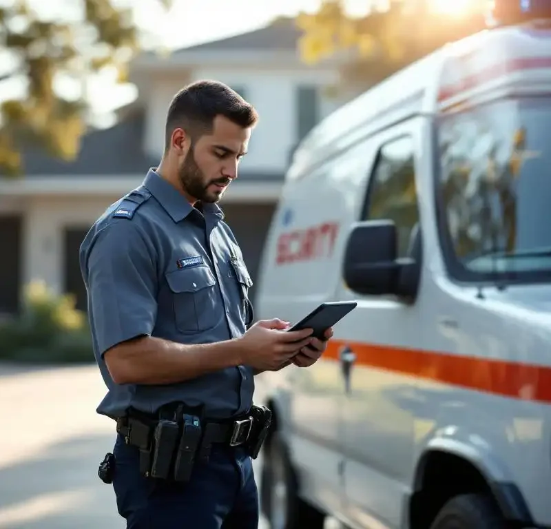 Beveiligingsbeambte in uniform controleert tablet naast witte surveillancewagen voor moderne woning, radioapparatuur zichtbaar aan riem