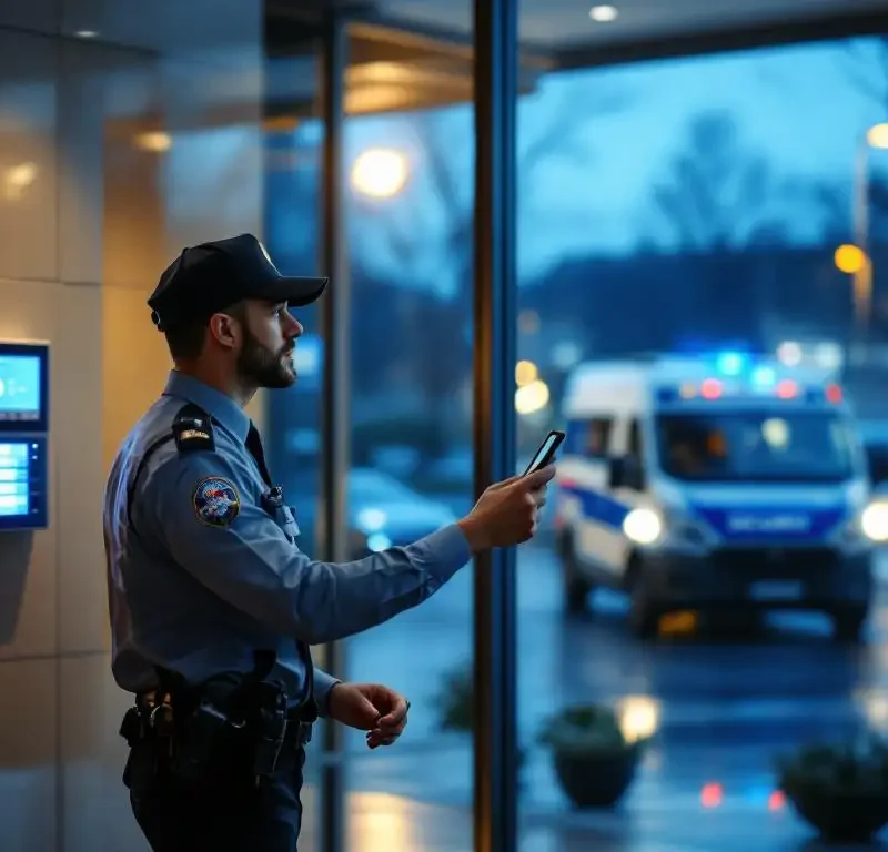 Beveiliger controleert digitaal alarmpaneel in moderne kantoorlobby terwijl patrouillevoertuig buiten rondes rijdt