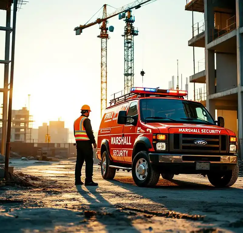 Oranje Marshall Security patrouillevoertuig geparkeerd bij bouwplaats ingang, beveiligingsmedewerker inspecteert terrein bij steigers