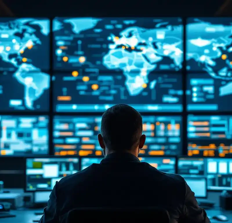 Beveiligingsoperator bewaakt meerdere schermen met wereldkaart en internationale bedrijfslocaties in moderne controlekamer