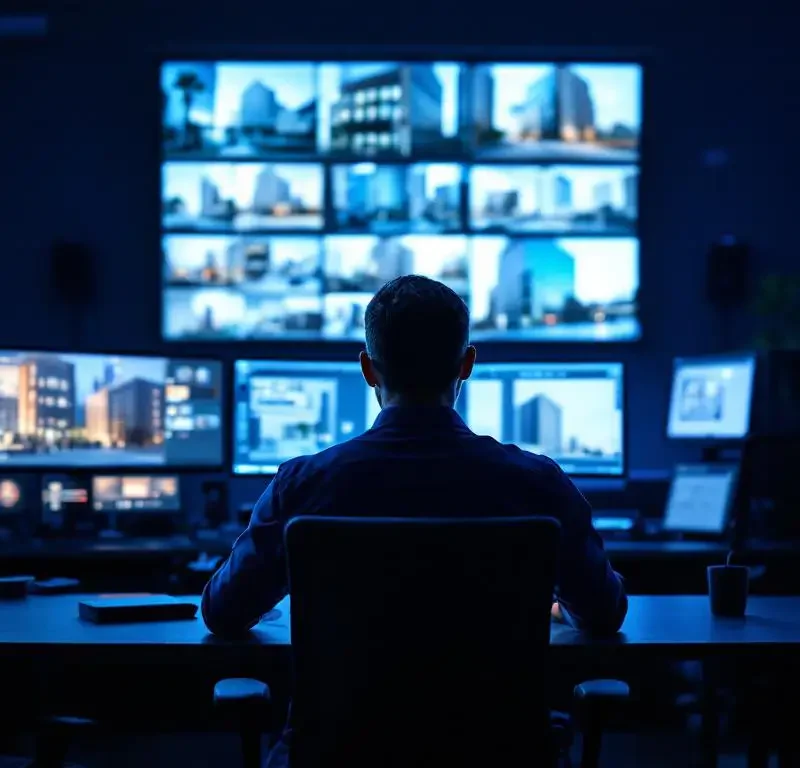 Beveiligingsmedewerker monitort bewakingscamera's in moderne commandocentrale met blauwe monitorverlichting