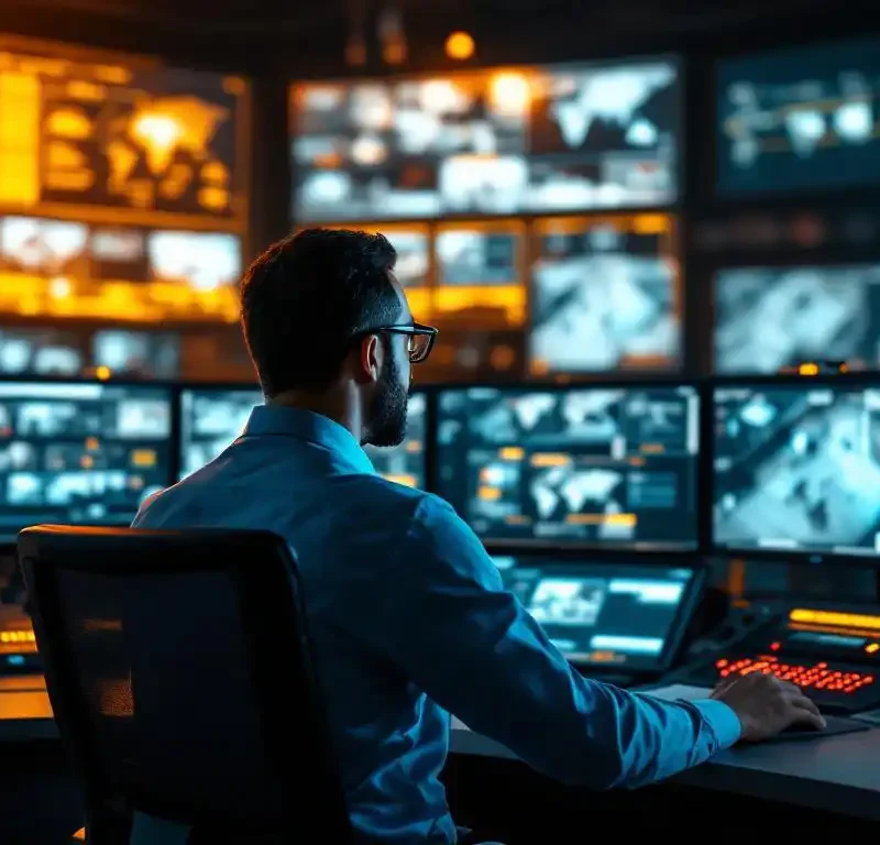 Beveiligingsoperator monitort meerdere bewakingsschermen in professionele controlekamer met noodcommunicatieapparatuur