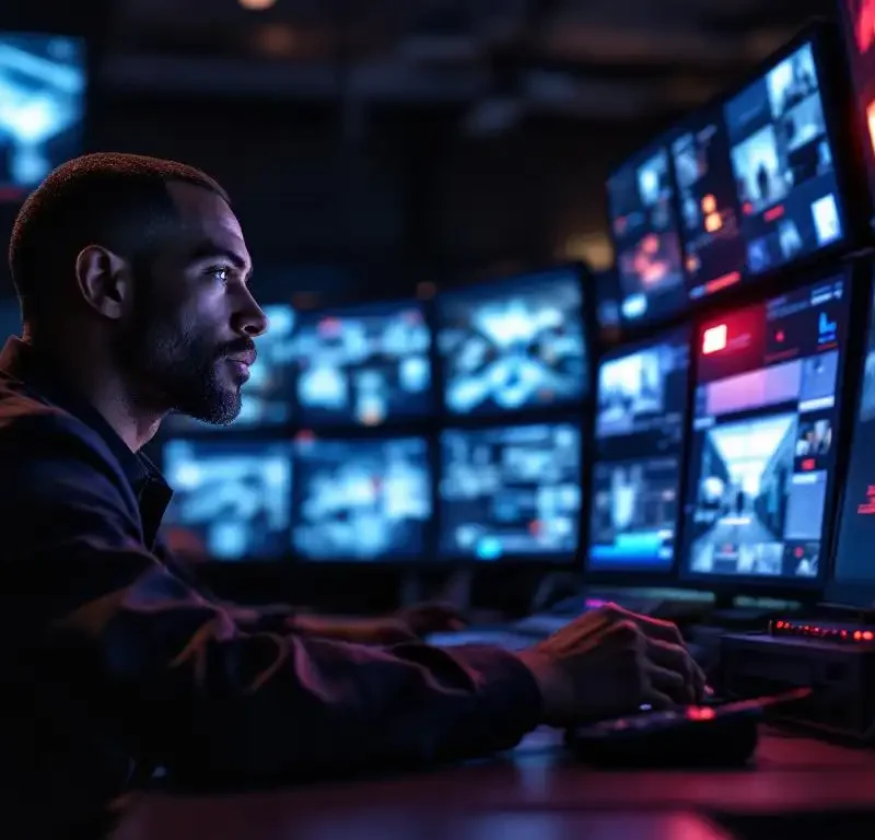 Beveiligingsoperator in controlecentrum monitort surveillanceschermen met rode alarmmelding, hand reikt naar radioapparaat