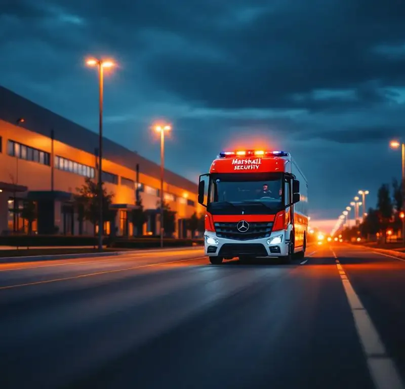Marshall Security patrouillewagen rijdt door modern bedrijventerrein tijdens schemering met kantoorgebouwen en warme verlichting