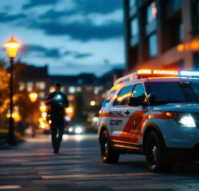 Marshall Security patrouillevoertuig met oranje markeringen geparkeerd bij gemeentelijk gebouw tijdens schemering, beveiligingsmedewerker met zaklamp