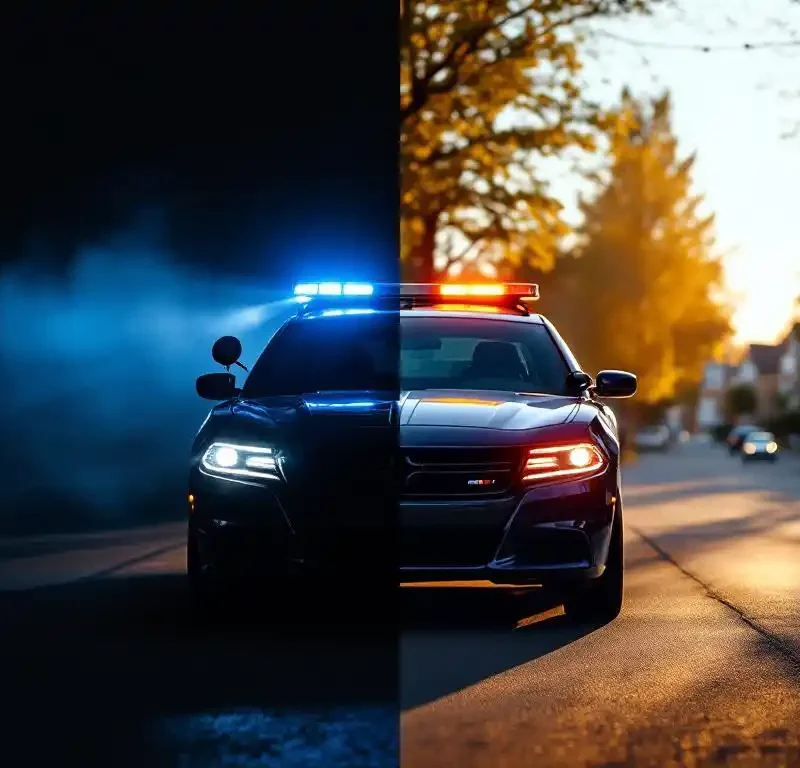 Beveiligingsvoertuig met LED-schijnwerpers in donkere nachtelijke omgeving naast hetzelfde voertuig geparkeerd in daglicht op rustige woonstraat