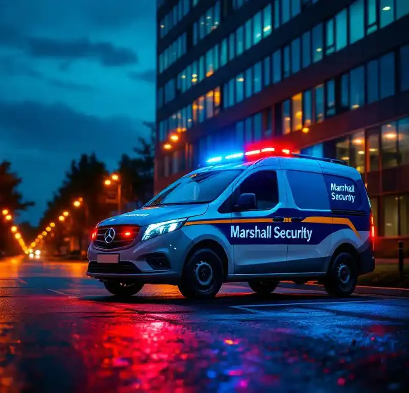 Marshall Security patrouillewagen geparkeerd bij modern kantoorgebouw tijdens schemering met amberkleurige straatverlichting