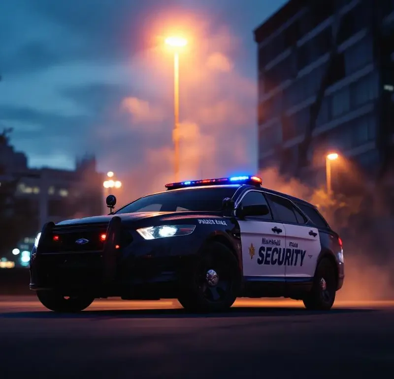 Marshall Security patrouillevoertuig geparkeerd onder straatlantaarn in mistige vroege ochtend, moderne kantoorgebouwen op achtergrond