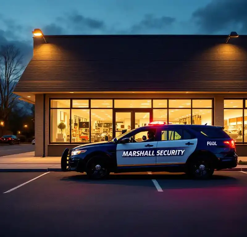 Marshall Security patrouillewagen geparkeerd voor moderne winkel tijdens avondcontrole, beveiligingsagent zichtbaar