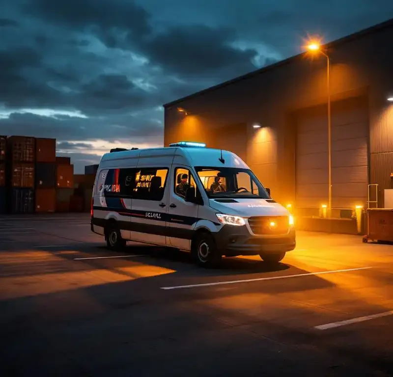 Witte beveiligingspatrouillewan geparkeerd bij modern magazijncomplex bij schemering met verlichte vrachtcontainers