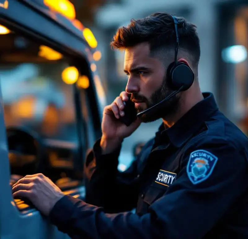 Beveiligingsmedewerker in donkerblauwe uniform spreekt in radioheadset naast gemarkeerd patrouillevoertuig, coördineert met ondernemer in verlicht kantoorvenster op achtergrond