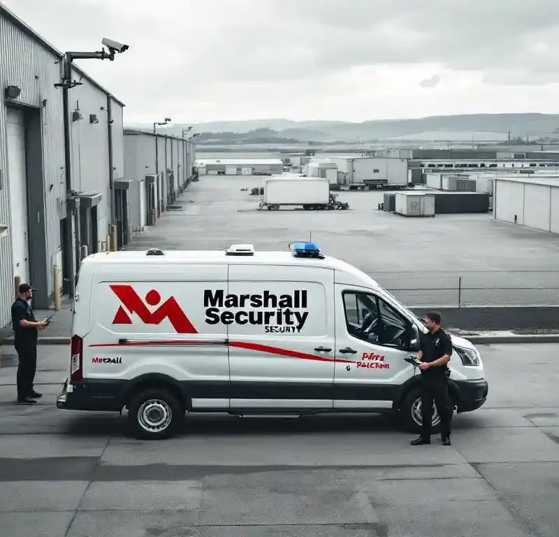 Marshall Security patrouillevoertuig met beveiligingscamera bij ingang industrieel complex, bewaker controleert terrein