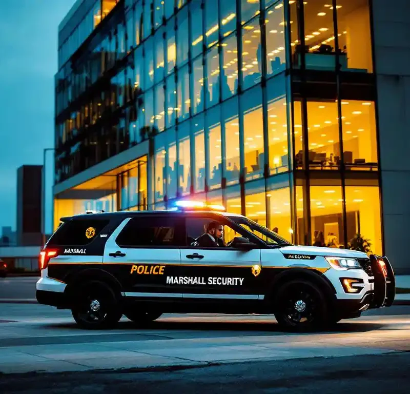 Marshall Security patrouillevoertuig met amber waarschuwingslichten voor modern glazen kantoorgebouw bij schemering