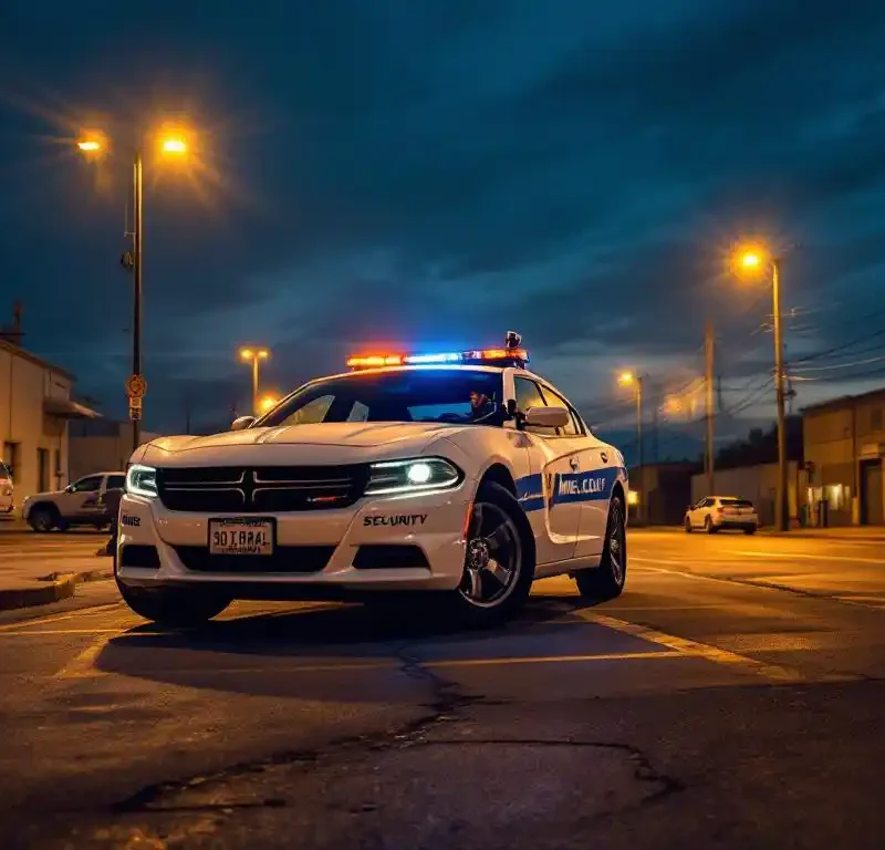 Witte Marshall Security patrouillevoertuig geparkeerd op industriële straathoek bij schemering, beveiligingsagent controleert apparatuur