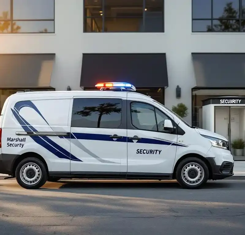 Witte beveiligingspatrouillevoertuig met camerasysteem en LED-balk geparkeerd voor moderne winkel, lege bewakingscabine op achtergrond