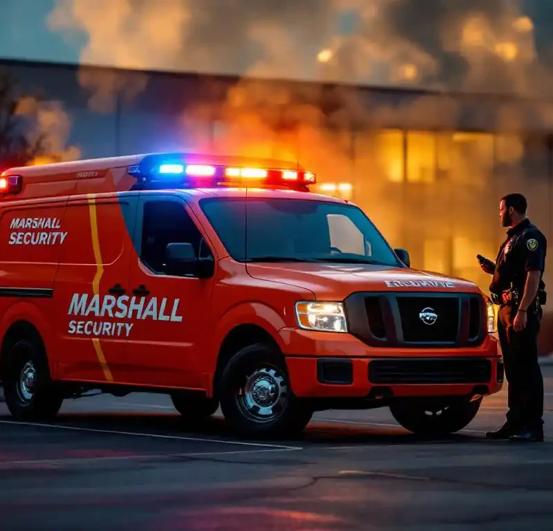 Oranje Marshall Security patrouillevoertuig met zwaailichten bij modern kantoorgebouw met rook uit ramen, beveiliger met portofoon