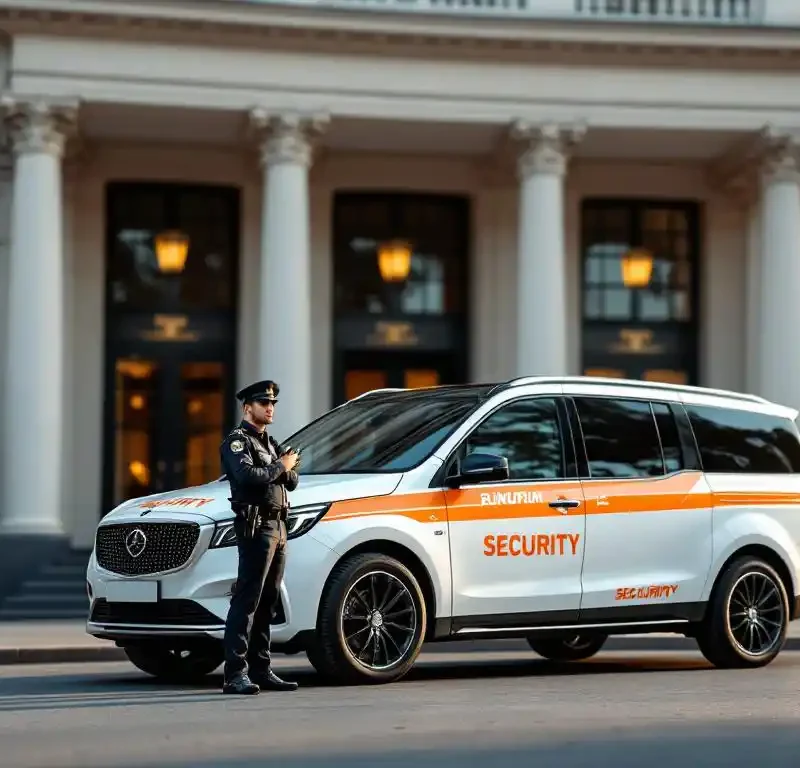 Witte beveiligingsvoertuig met oranje markeringen geparkeerd voor overheidsgebouw met klassieke zuilen, uniformed agent inspecteert met radio-apparatuur