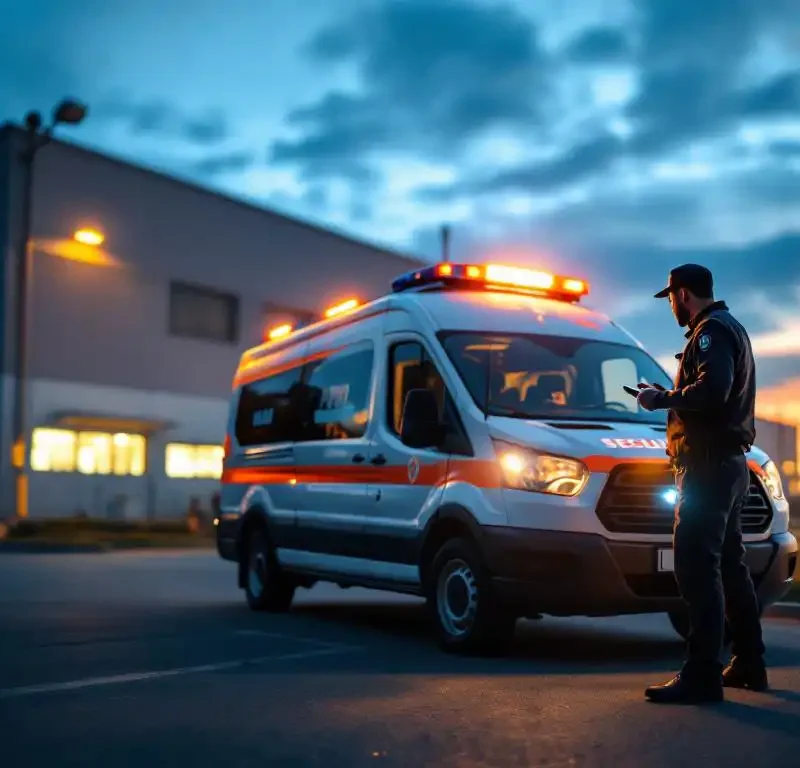 Witte beveiligingspatrouillevoertuig met oranje markeringen geparkeerd bij moderne industriële faciliteit tijdens schemering