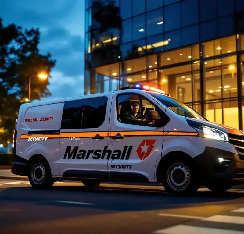 Witte Marshall Security patrouillevoertuig met oranje markeringen geparkeerd bij modern glazen kantoorgebouw bij schemering