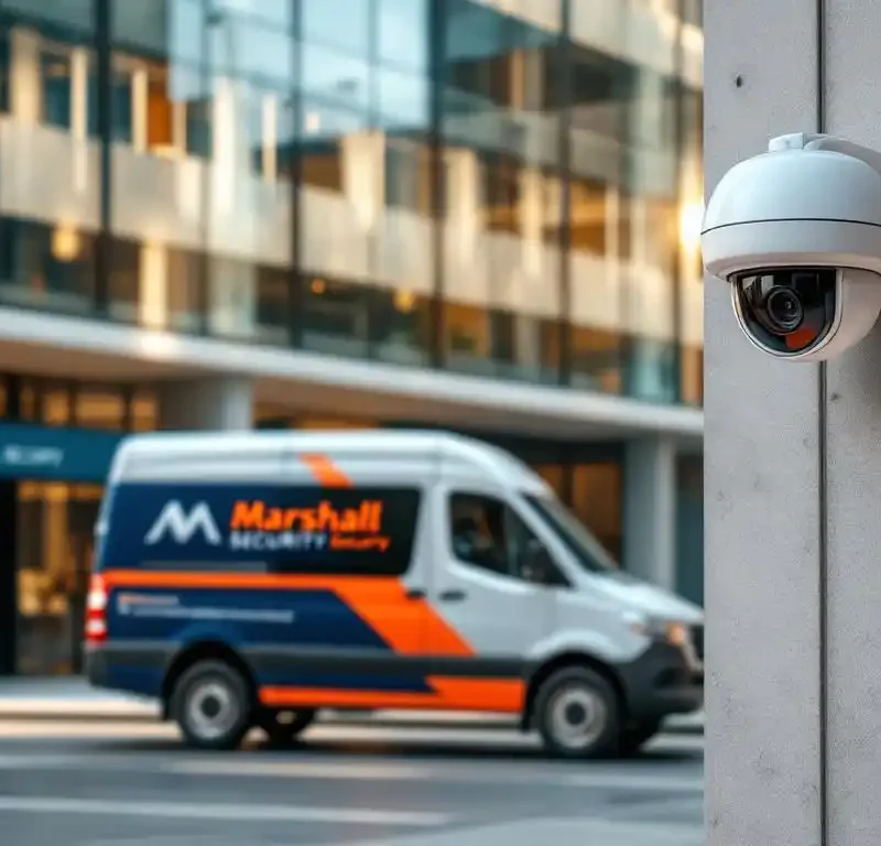 Witte beveiligingsbestelwagen met oranje Marshall Security logo geparkeerd naast modern glazen kantoorgebouw met koepelvormige beveiligingscamera