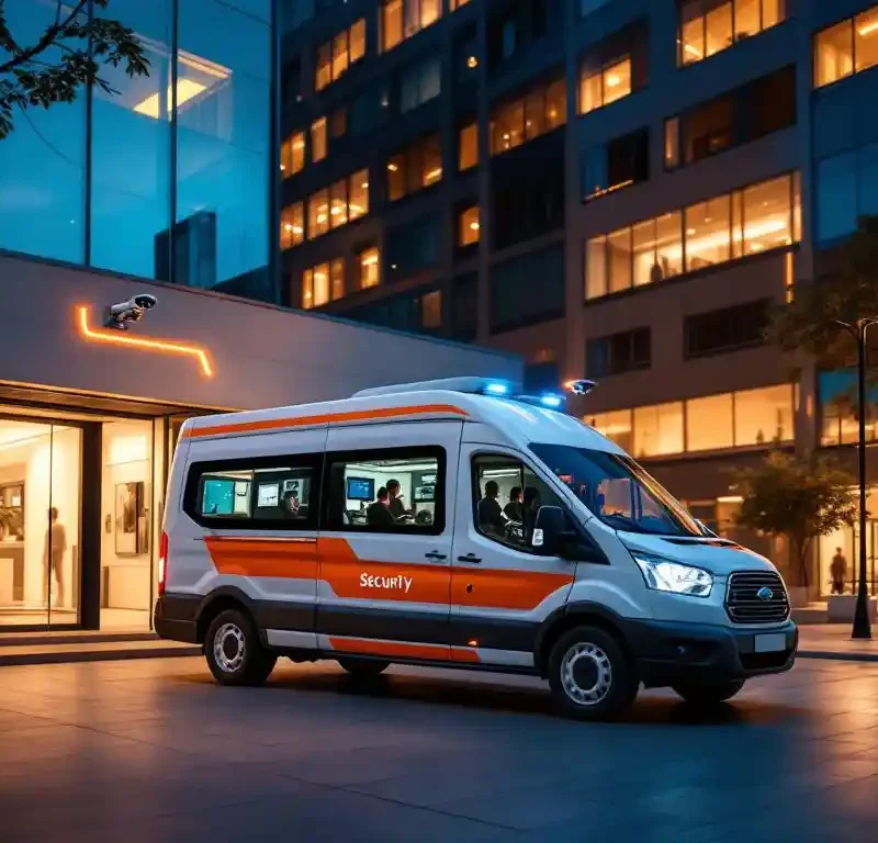 Witte beveiligingsbus met oranje markeringen geparkeerd bij moderne kantoorgebouw bij schemering, bewakingscamera op dak