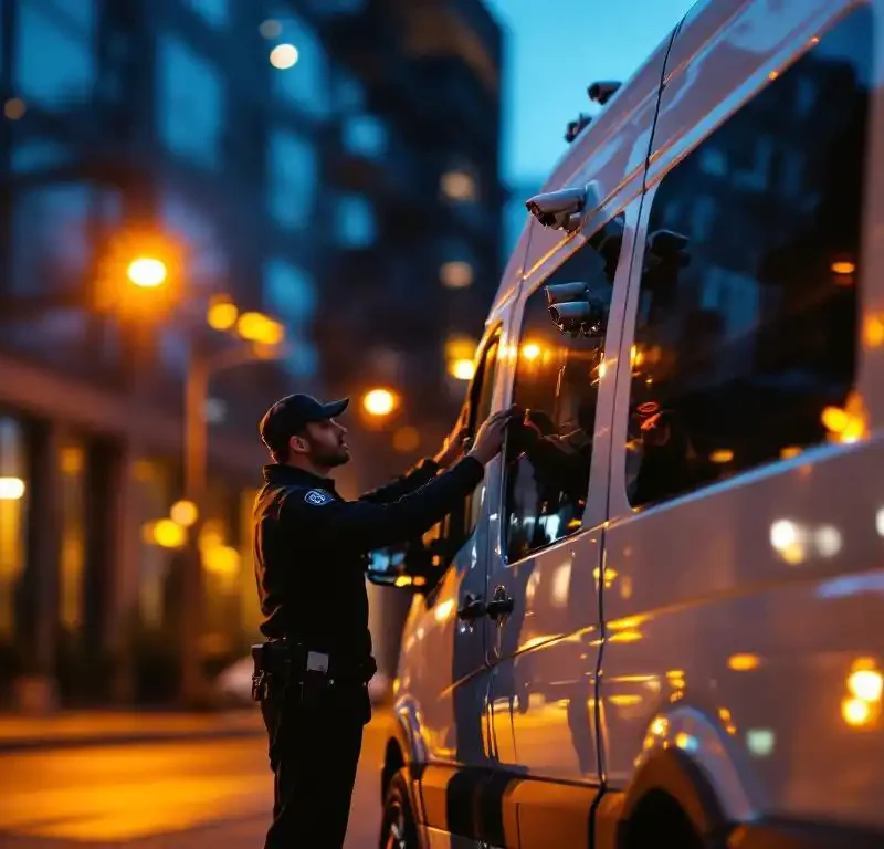 Beveiligingsbeambte inspecteert witte bewakingsvan met camera's voor modern kantoorgebouw bij schemering