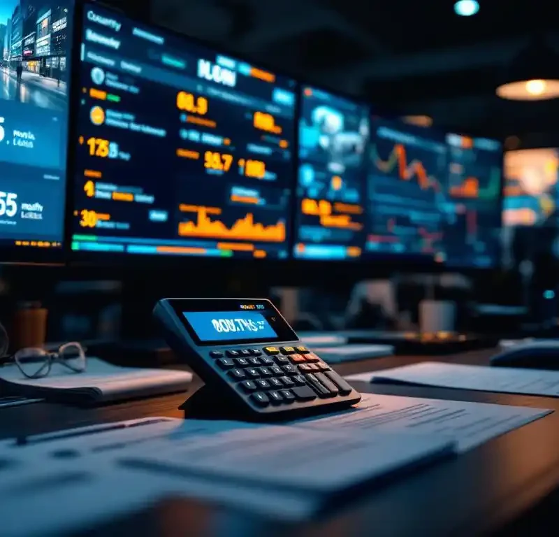 Professionele beveiligingsmonitoringdesk met HD-bewakingsschermen en calculator met maandelijkse kosten op voorgrond