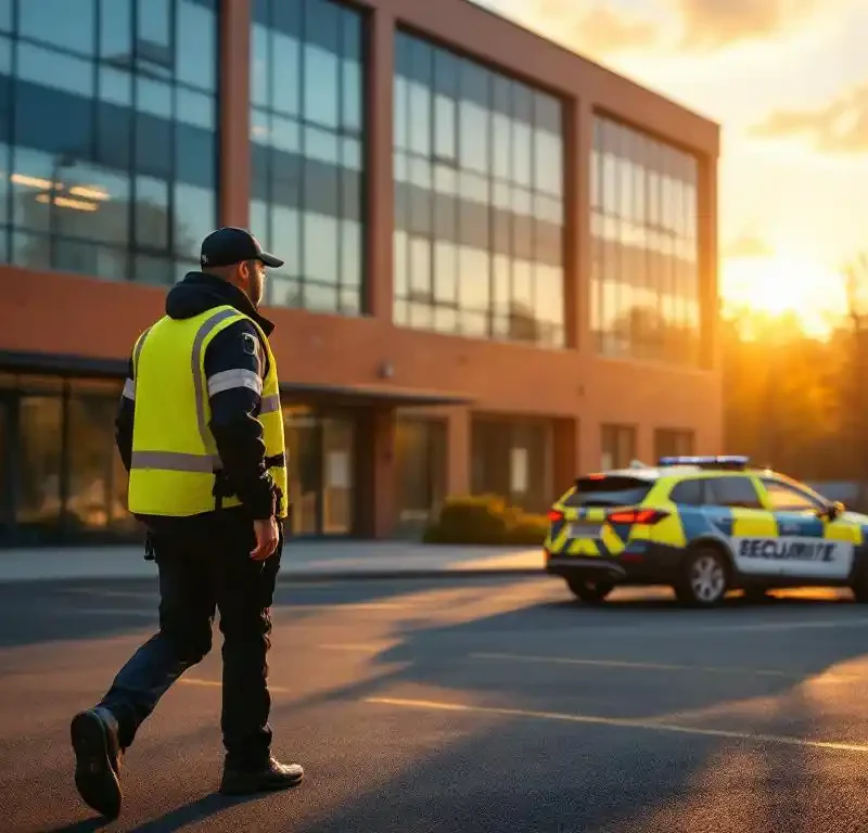 Beveiligingsmedewerker in reflecterend vest loopt langs moderne schoolgebouw tijdens gouden uur met patrouillevoertuig geparkeerd
