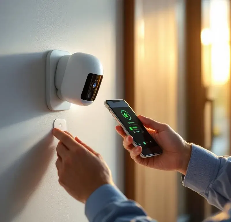 Beveiligingstechnicus stelt witte bewegingssensor af op moderne kantoorwand met smartphone die groene statusindicatoren toont
