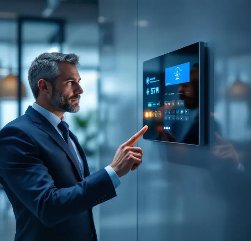 Faciliteitmanager in pak bedient digitaal alarmpaneel met verlichte knoppen in modern kantoor met glazen wanden