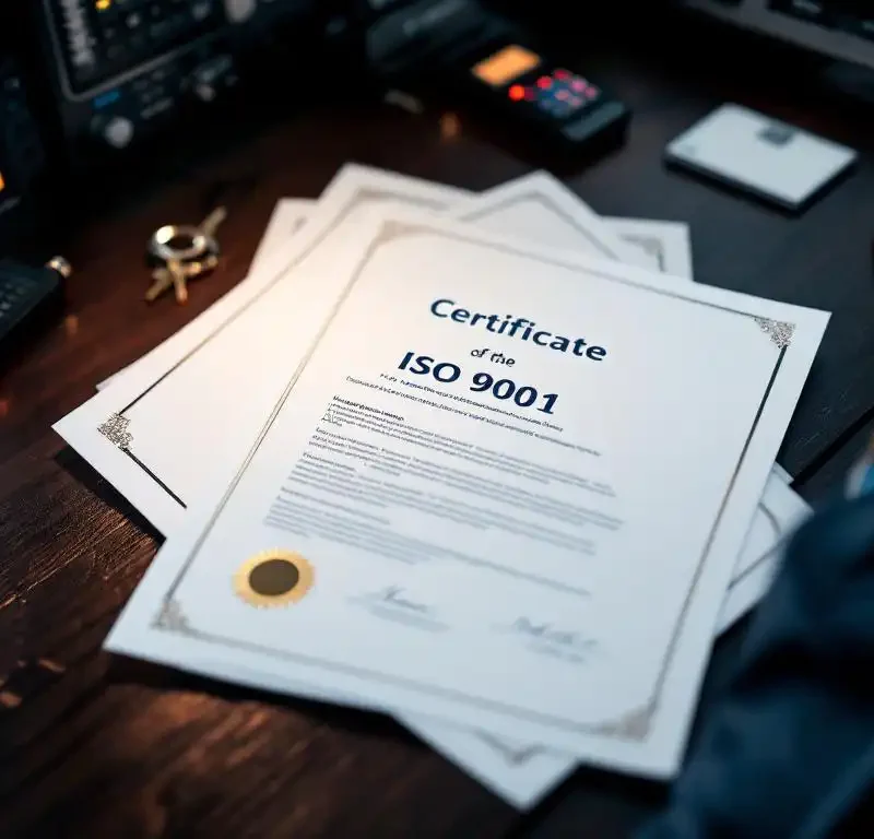 ISO 9001 certificaat op donker houten bureau met beveiligingsapparatuur, badge en sleutelhanger van beveiligingsmedewerker