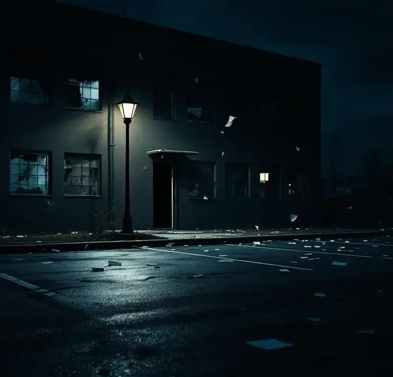 Verlaten kantoorgebouw bij nacht met kapotte ramen en open deur, donkere parkeerplaats met wegwaaiendo papieren onder flikkerende straatlantaarn