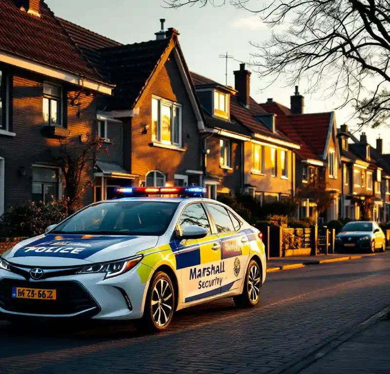 Marshall Security patrouillewagen geparkeerd voor Nederlandse huizen met rode dakpannen tijdens gouden uur