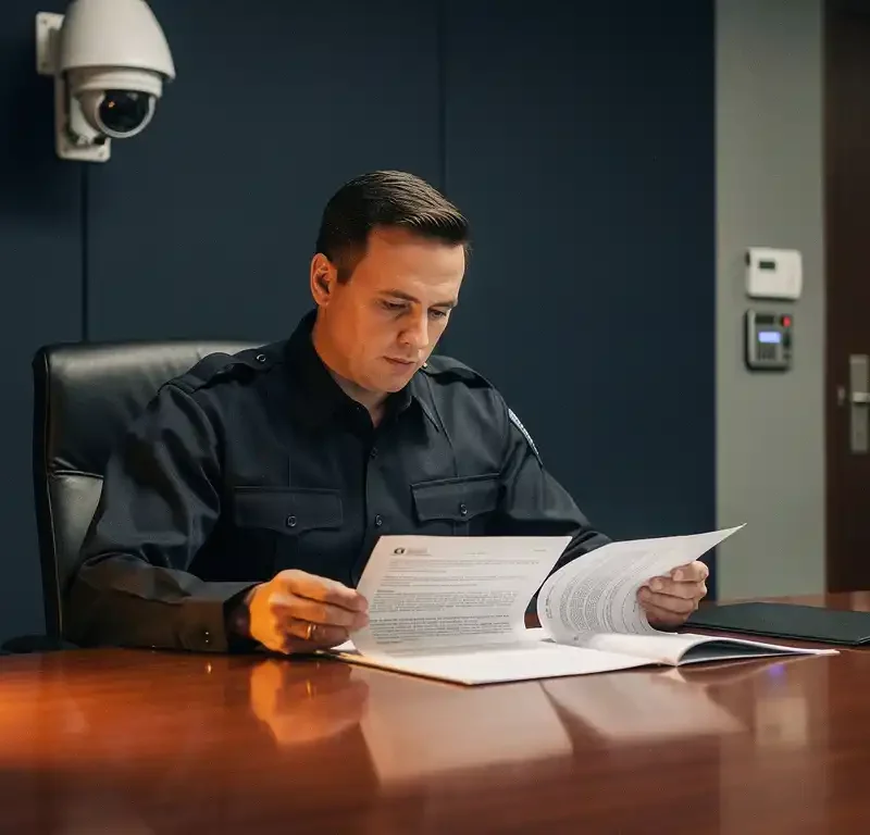 Beveiligingsmedewerker in donker uniform bekijkt contract aan vergadertafel, met toegangscontrolepaneel en bewakingscamera op achtergrond.