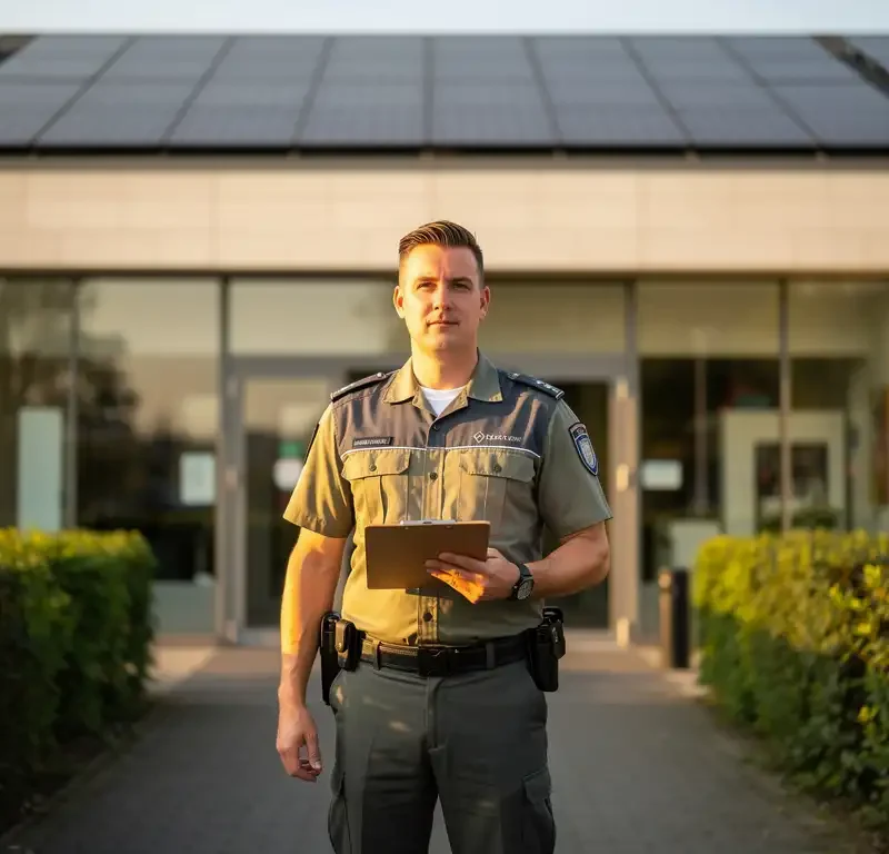 Beveiliger in uniform bij ingang van modern Nederlands gemeentehuis met zonnepanelen op dak en verzorgde groene hagen.
