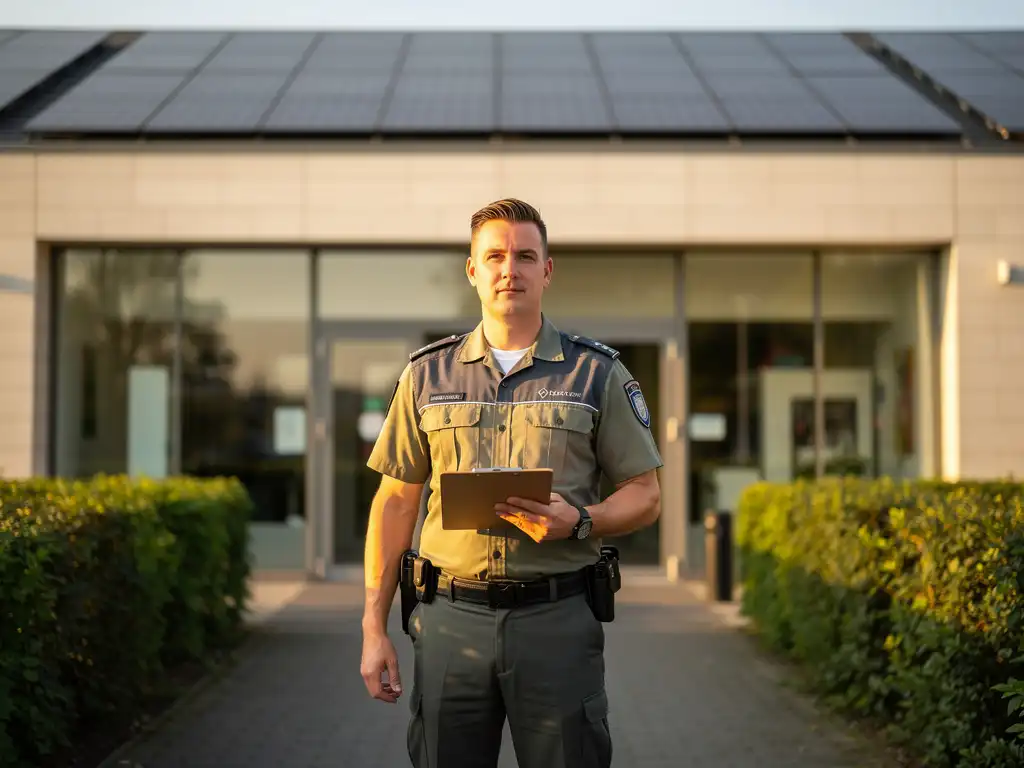 Beveiliger in uniform bij ingang van modern Nederlands gemeentehuis met zonnepanelen op dak en verzorgde groene hagen.