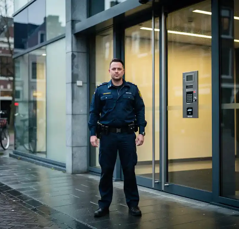 Beveiliger in uniform bij de ingang van een modern glazen kantoorgebouw in een Nederlandse stad, naast een toegangscontrolepaneel.