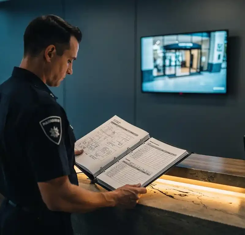 Beveiligingsprofessional in donker uniform bestudeert beveiligingsprotocollen aan moderne receptiebalie met bewakingsmonitor op achtergrond.