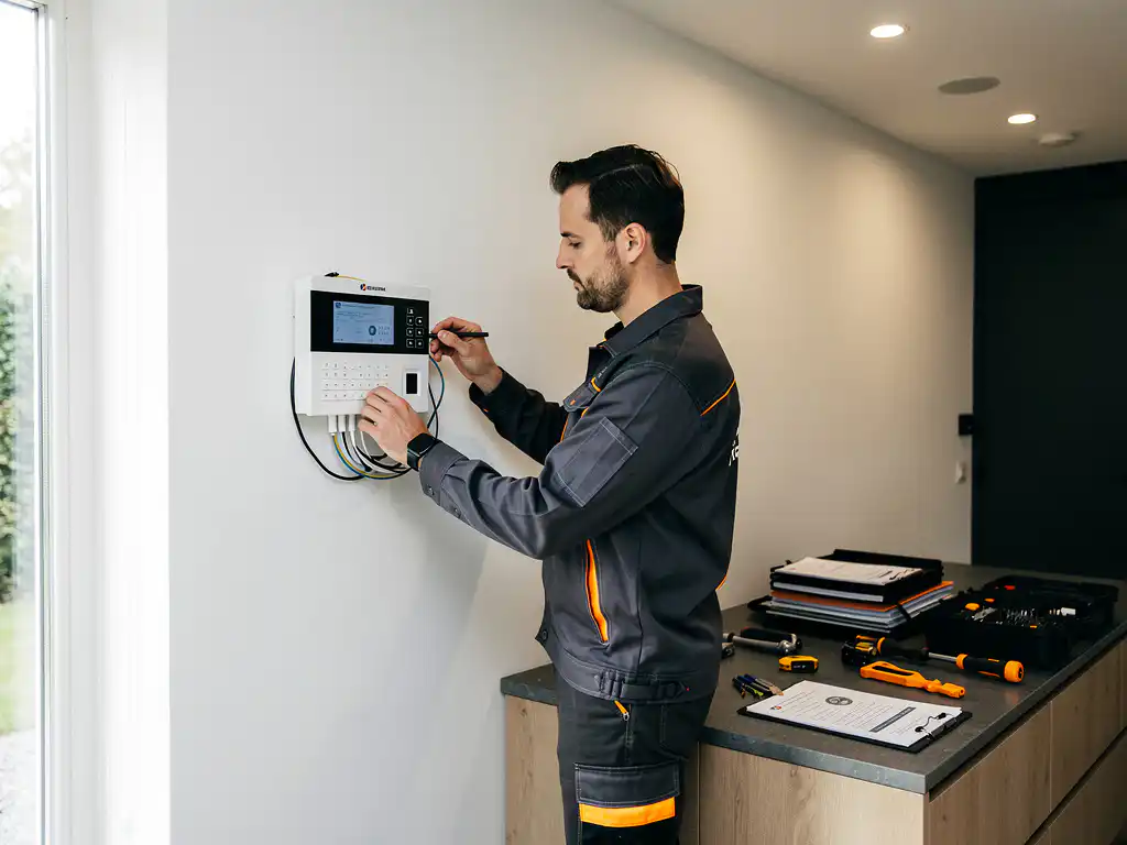 Gecertificeerde beveiligingstechnicus installeert alarmpaneel op witte muur in Nederlandse woning, gereedschap en certificaten op nabijgelegen oppervlak.