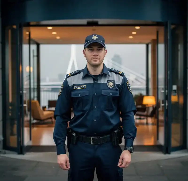 Beveiliger in uniform bij ingang van modern Rotterdams kantoorgebouw, Erasmusbrug zichtbaar in mistige achtergrond.