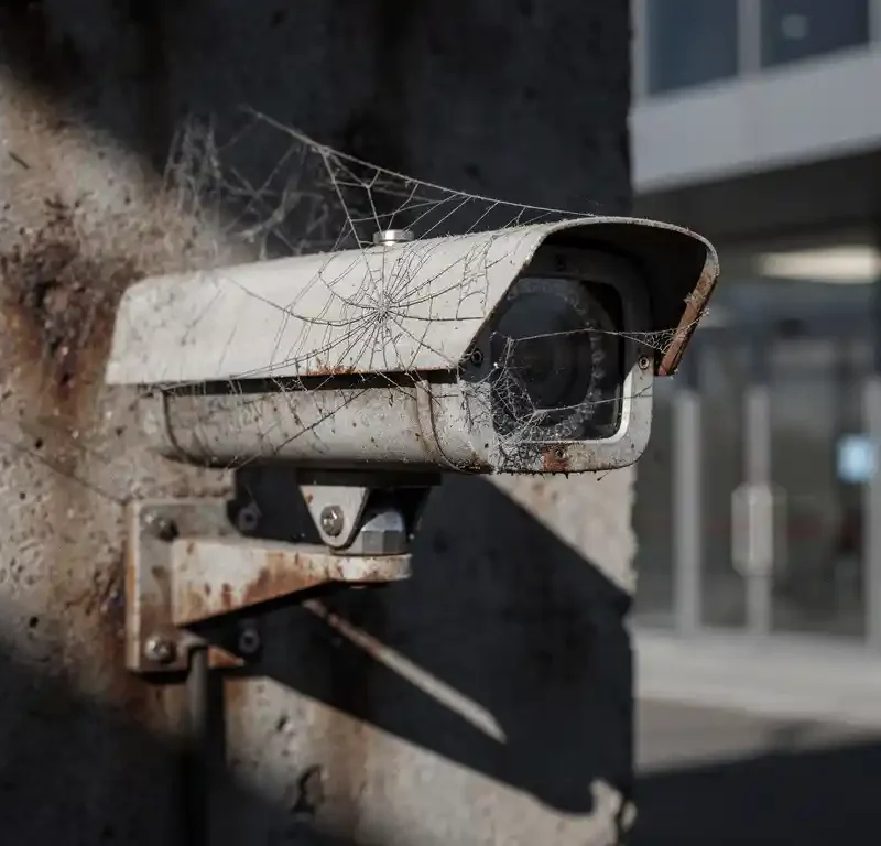 Verouderde analoge beveiligingscamera met scheuren en spinnenwebben op verweerde betonnen muur, kantoorportiek op de achtergrond.